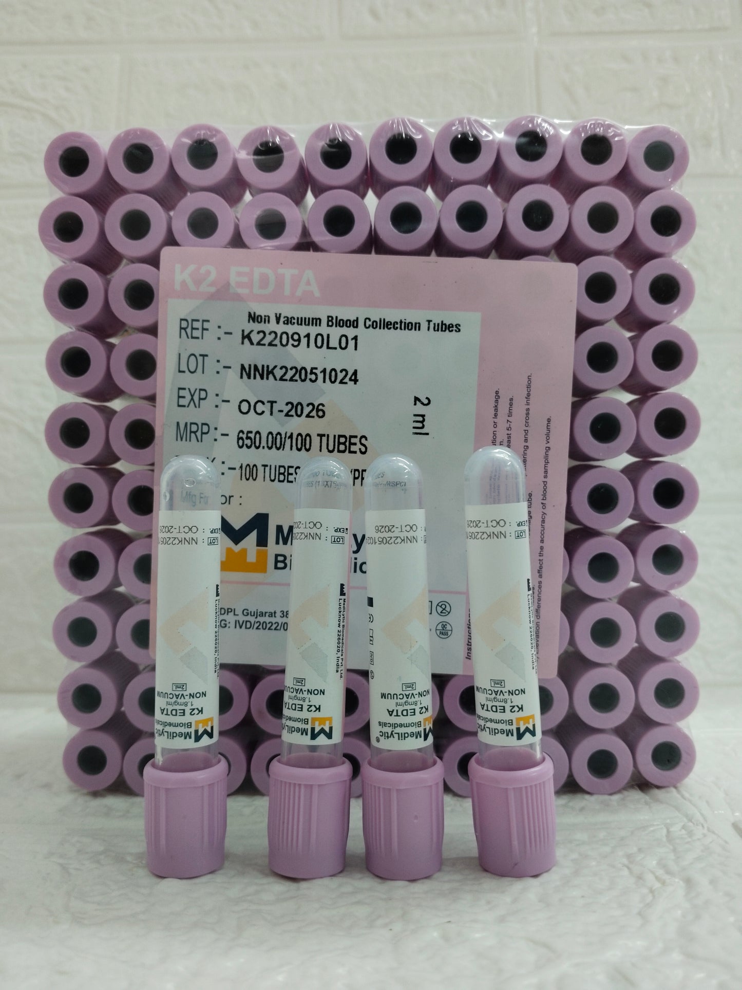 MediLytic K2 EDTA Tube (non-vacuum) ,Pack of 2 boxes, each of 100 tubes