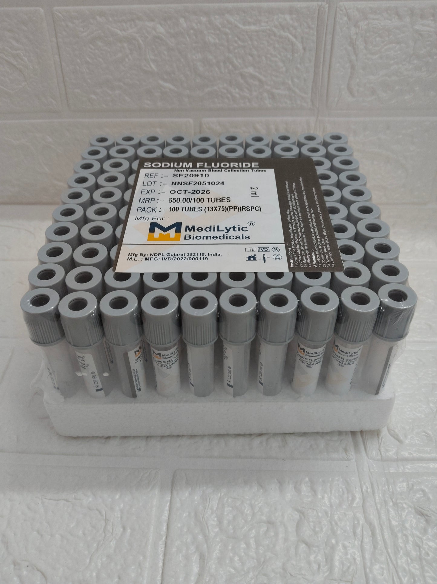 MediLytic Sodium Fluoride | Non-Vacuum Blood Collection Tube| Each Box of 100 Tubes