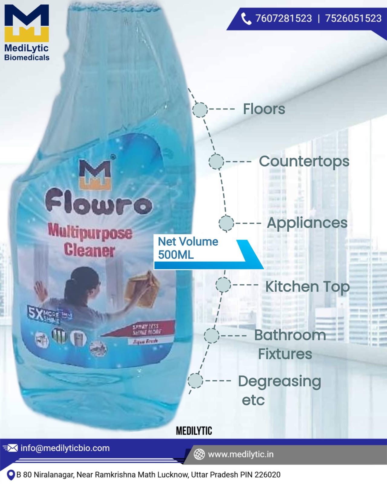 MediLytic Flowro 5X More Shine Multipurpose Cleaner  (500 ml),Pack of 6 bottles