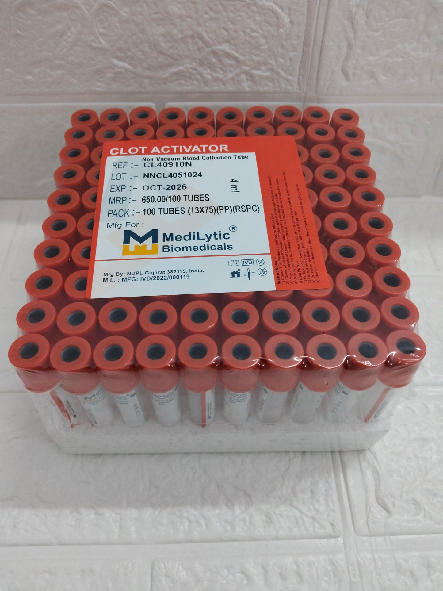 MediLytic Clot Activator | Non-Vacuum Blood Collection Tube | Each Box of 100 Tubes