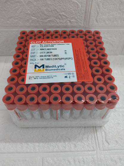 MediLytic Clot Activator | Non-Vacuum Blood Collection Tube | Each Box of 100 Tubes