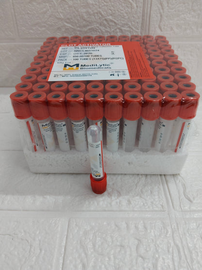 MediLytic Clot Activator | Non-Vacuum Blood Collection Tube | Each Box of 100 Tubes