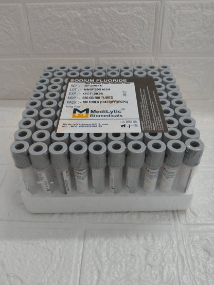 MediLytic Sodium Fluoride | Non-Vacuum Blood Collection Tube| Each Box of 100 Tubes